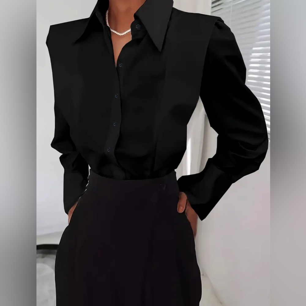 Black Elegant Solid Button Front Shirt - Flattering Lapel - Picture 3 of 8
